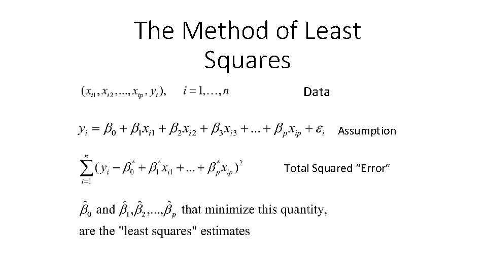 The Method of Least Squares Data Assumption Total Squared “Error” 