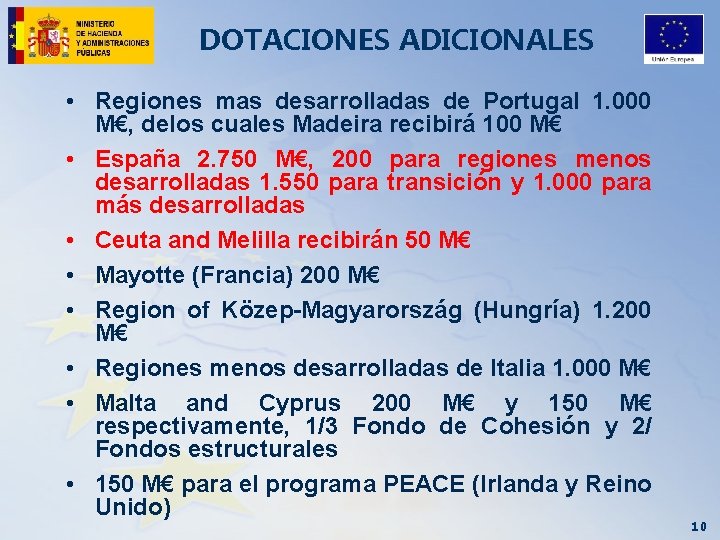 DOTACIONES ADICIONALES • Regiones mas desarrolladas de Portugal 1. 000 M€, delos cuales Madeira