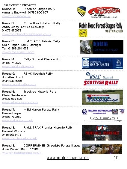 13. 0 EVENT CONTACTS Round 1: Riponian Stages Rally Annette Beckwith 01765 600 857
