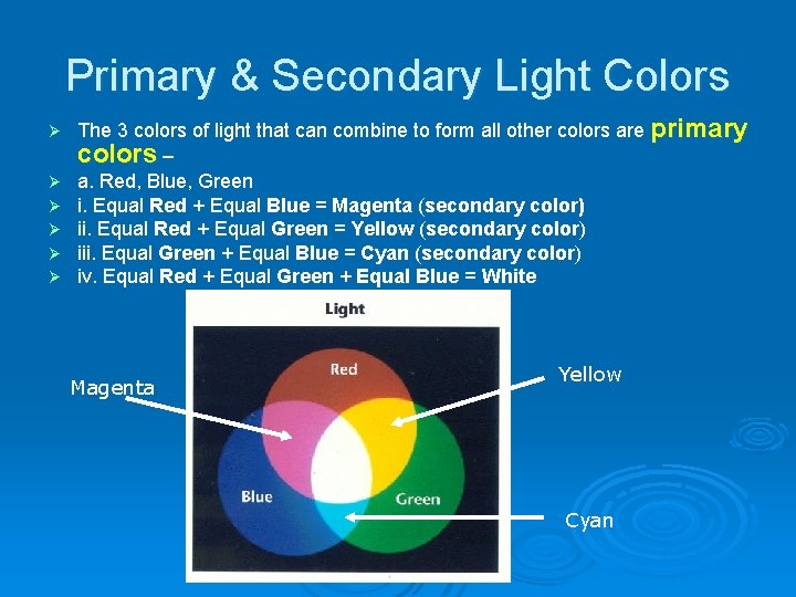 Primary & Secondary Light Colors Ø Ø Ø The 3 colors of light that