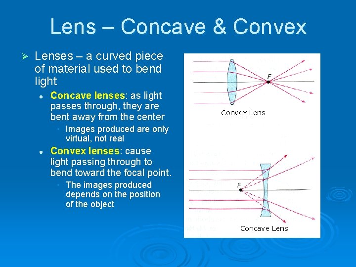 Lens – Concave & Convex Ø Lenses – a curved piece of material used