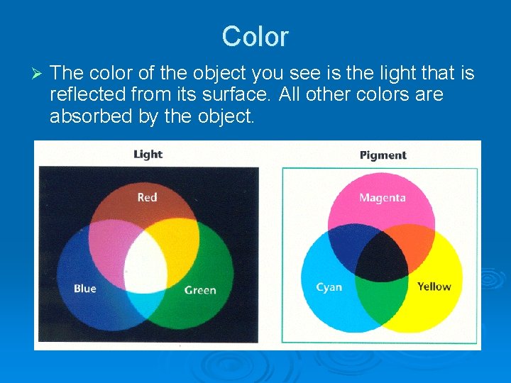 Color Ø The color of the object you see is the light that is