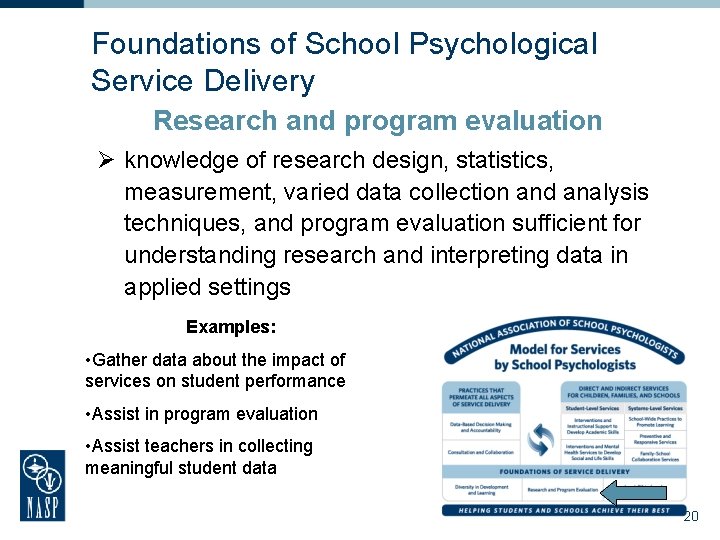 Foundations of School Psychological Service Delivery Research and program evaluation Ø knowledge of research