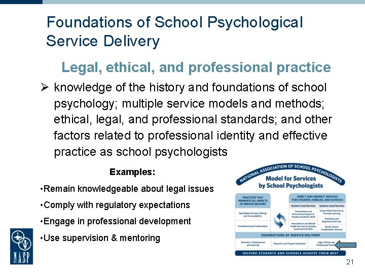 Foundations of School Psychological Service Delivery Legal, ethical, and professional practice Ø knowledge of