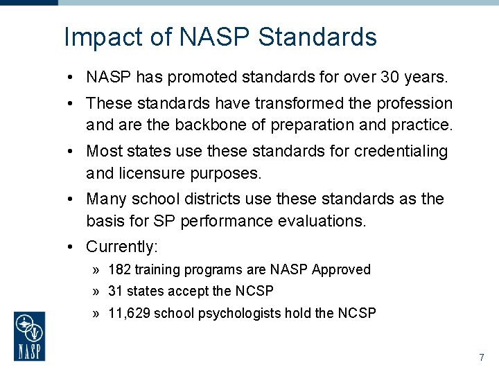Impact of NASP Standards • NASP has promoted standards for over 30 years. •