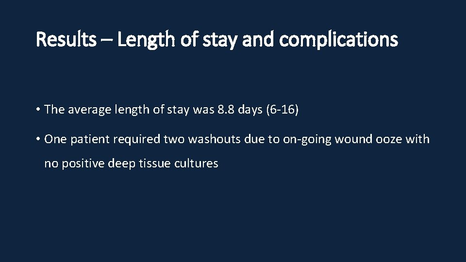Results – Length of stay and complications • The average length of stay was