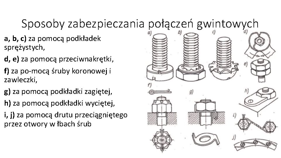 Sposoby zabezpieczania połączeń gwintowych a, b, c) za pomocą podkładek sprężystych, d, e) za Sposoby zabezpieczania połączeń gwintowych a, b, c) za pomocą podkładek sprężystych, d, e) za