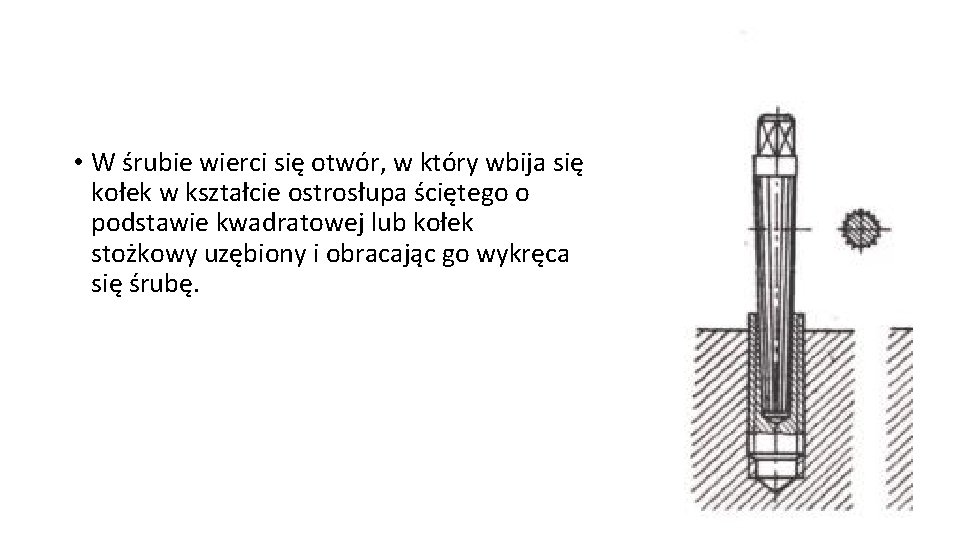 • W śrubie wierci się otwór, w który wbija się kołek w kształcie • W śrubie wierci się otwór, w który wbija się kołek w kształcie