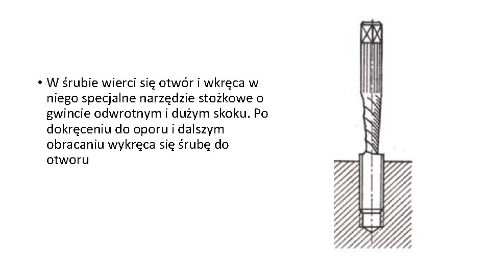 • W śrubie wierci się otwór i wkręca w niego specjalne narzędzie stożkowe • W śrubie wierci się otwór i wkręca w niego specjalne narzędzie stożkowe