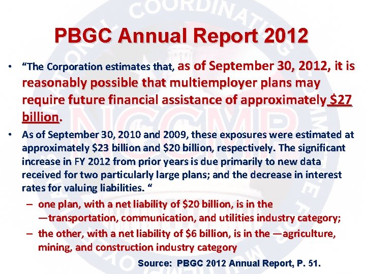PBGC Annual Report 2012 • “The Corporation estimates that, as of September 30, 2012,
