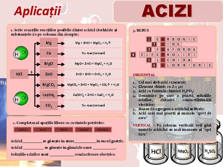 ACIZI Aplicații 1. Scrie ecuațiile reacțiilor posibile dintre acidul clorhidric și substanțele de pe