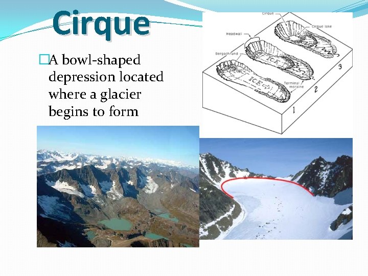 Cirque �A bowl-shaped depression located where a glacier begins to form 