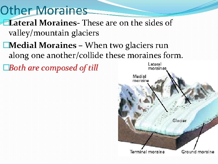 Other Moraines �Lateral Moraines- These are on the sides of valley/mountain glaciers �Medial Moraines