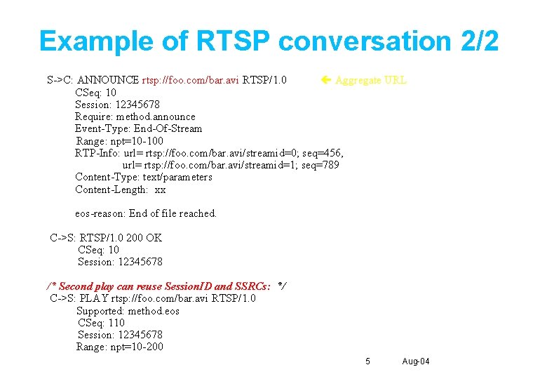 Example of RTSP conversation 2/2 S->C: ANNOUNCE rtsp: //foo. com/bar. avi RTSP/1. 0 Aggregate