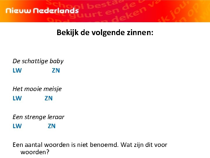 Bekijk de volgende zinnen: De schattige baby LW ZN Het mooie meisje LW ZN