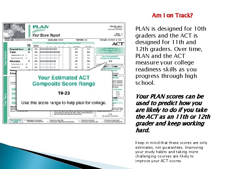 Am I on Track? PLAN is designed for 10 th graders and the ACT Am I on Track? PLAN is designed for 10 th graders and the ACT