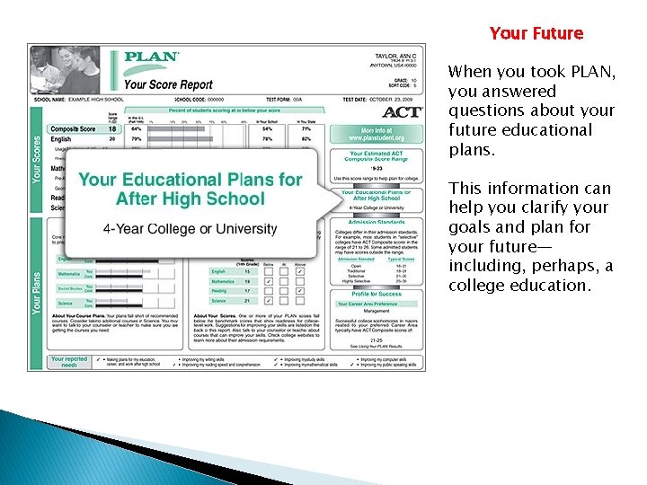 Your Future When you took PLAN, you answered questions about your future educational plans. Your Future When you took PLAN, you answered questions about your future educational plans.