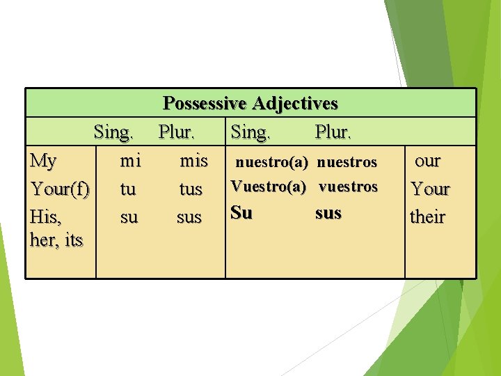 Possessive Adjectives Sing. Plur. My mi mis nuestro(a) nuestros Your(f) tu tus Vuestro(a) vuestros