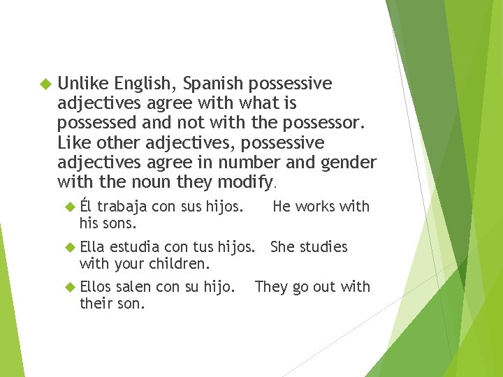  Unlike English, Spanish possessive adjectives agree with what is possessed and not with