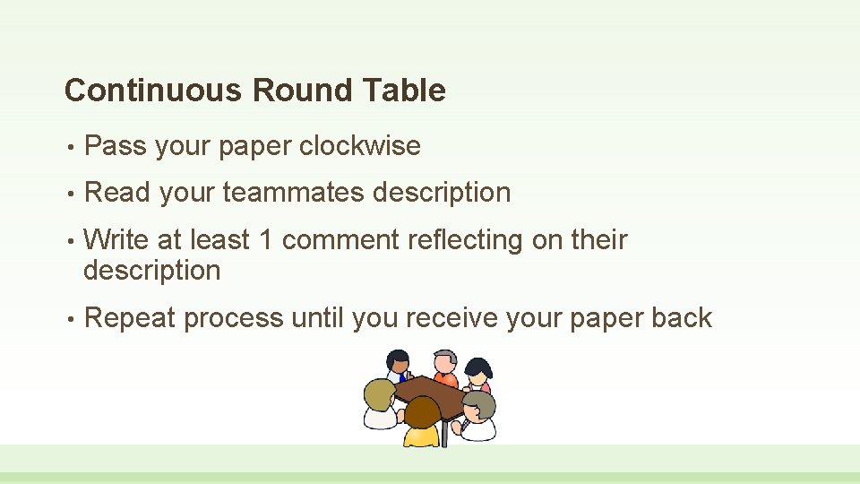 Continuous Round Table • Pass your paper clockwise • Read your teammates description •