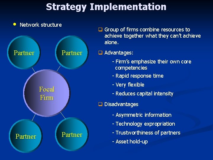 Strategy Implementation • Network structure Partner q Group of firms combine resources to achieve