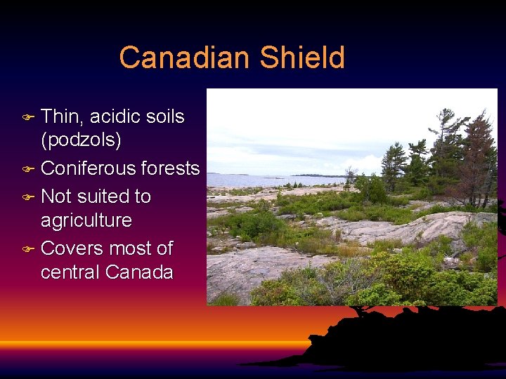 Canadian Shield F Thin, acidic soils (podzols) F Coniferous forests F Not suited to Canadian Shield F Thin, acidic soils (podzols) F Coniferous forests F Not suited to