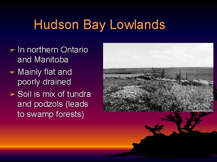 Hudson Bay Lowlands F In northern Ontario and Manitoba F Mainly flat and poorly Hudson Bay Lowlands F In northern Ontario and Manitoba F Mainly flat and poorly