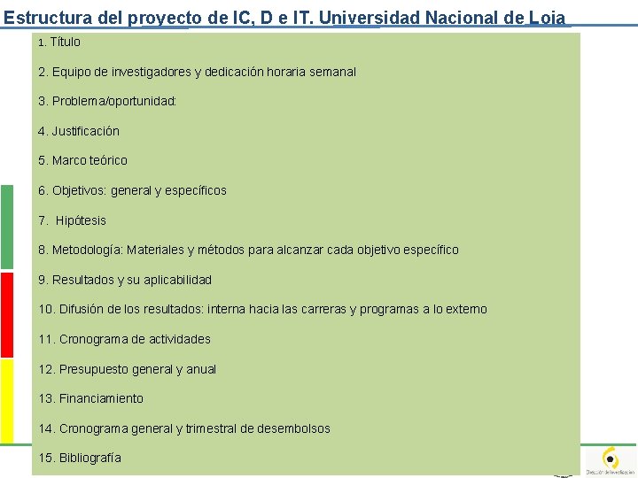 Estructura del proyecto de IC, D e IT. Universidad Nacional de Loja 1. Título