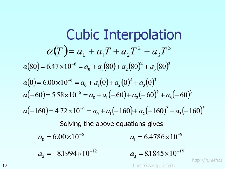 Cubic Interpolation Solving the above equations gives 12 lmethods. eng. usf. edu http: //numerica
