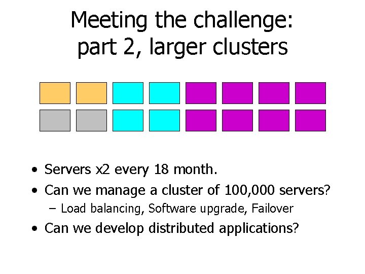 Meeting the challenge: part 2, larger clusters • Servers x 2 every 18 month.