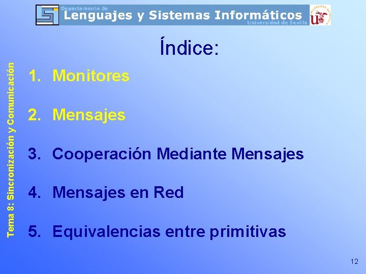 Tema 8: Sincronización y Comunicación Índice: 1. Monitores 2. Mensajes 3. Cooperación Mediante Mensajes