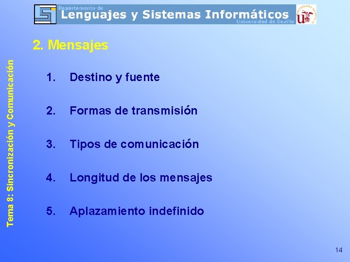 Tema 8: Sincronización y Comunicación 2. Mensajes 1. Destino y fuente 2. Formas de