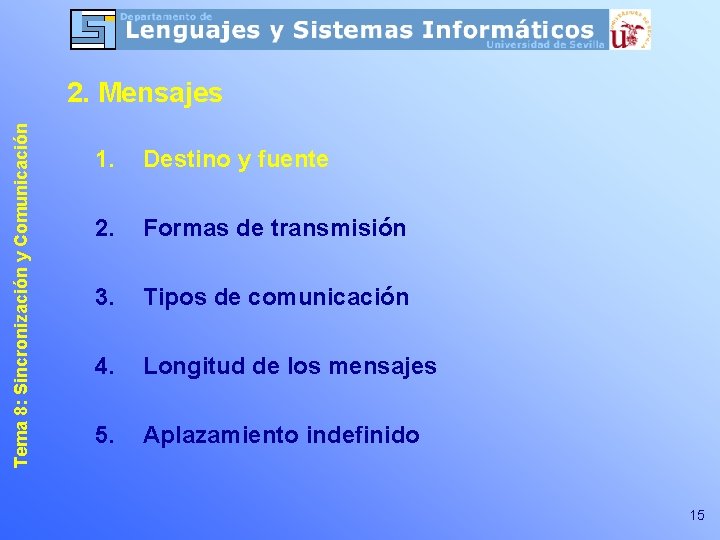 Tema 8: Sincronización y Comunicación 2. Mensajes 1. Destino y fuente 2. Formas de