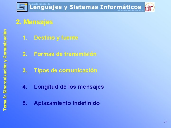 Tema 8: Sincronización y Comunicación 2. Mensajes 1. Destino y fuente 2. Formas de