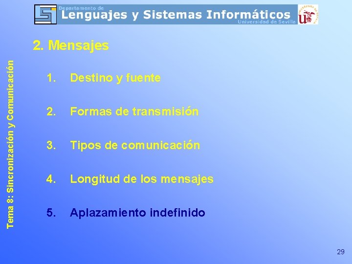 Tema 8: Sincronización y Comunicación 2. Mensajes 1. Destino y fuente 2. Formas de