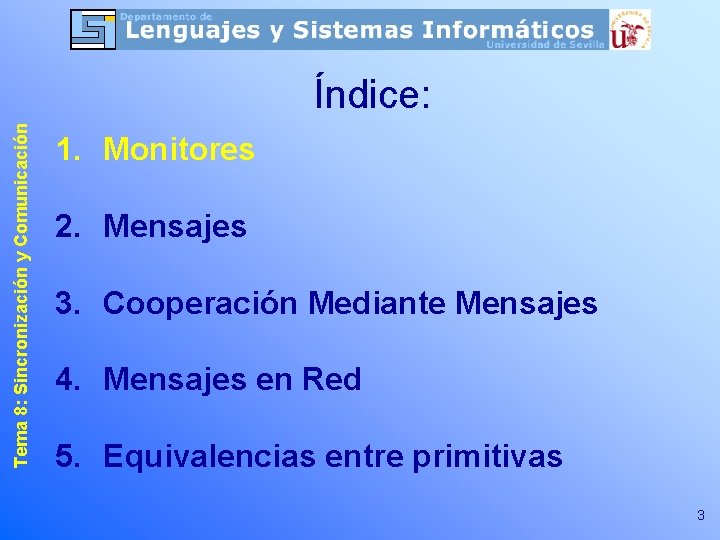 Tema 8: Sincronización y Comunicación Índice: 1. Monitores 2. Mensajes 3. Cooperación Mediante Mensajes