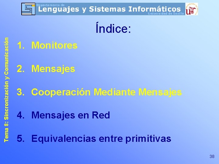 Tema 8: Sincronización y Comunicación Índice: 1. Monitores 2. Mensajes 3. Cooperación Mediante Mensajes