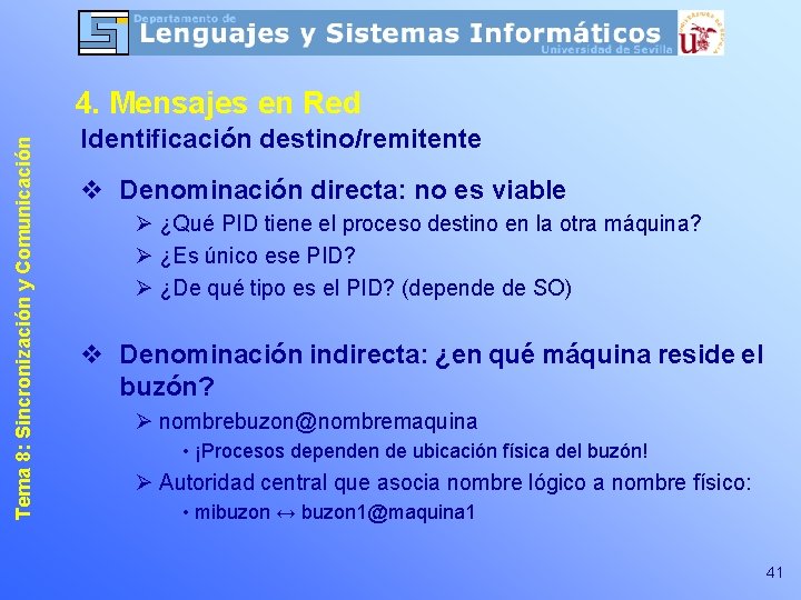 Tema 8: Sincronización y Comunicación 4. Mensajes en Red Identificación destino/remitente v Denominación directa: