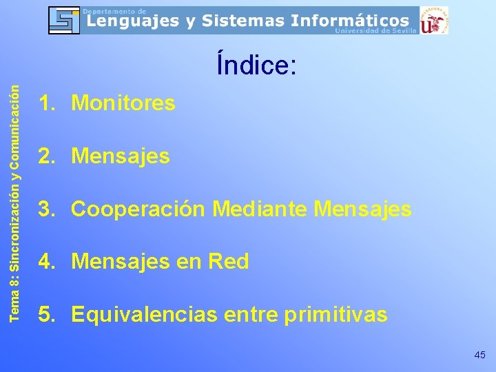 Tema 8: Sincronización y Comunicación Índice: 1. Monitores 2. Mensajes 3. Cooperación Mediante Mensajes