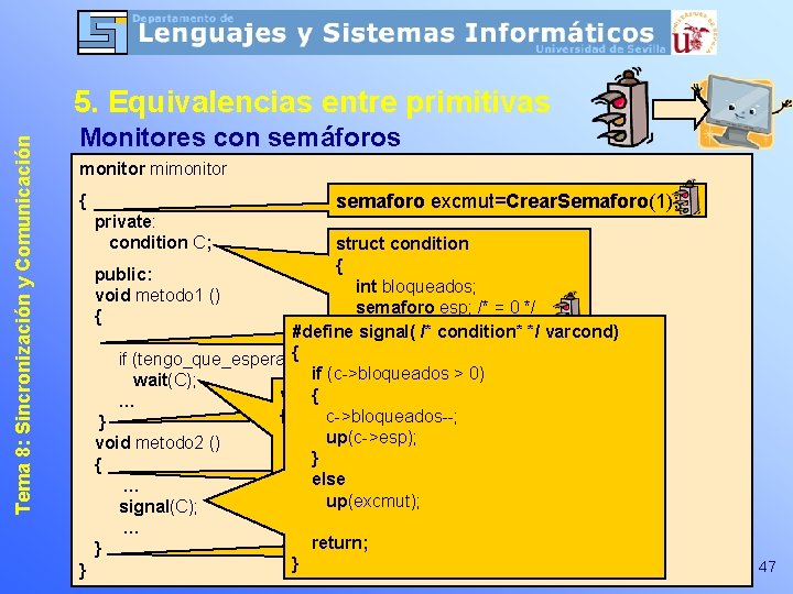 Tema 8: Sincronización y Comunicación 5. Equivalencias entre primitivas Monitores con semáforos monitor mimonitor