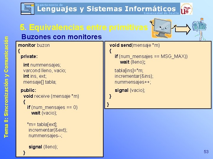 Tema 8: Sincronización y Comunicación 5. Equivalencias entre primitivas Buzones con monitores monitor buzon