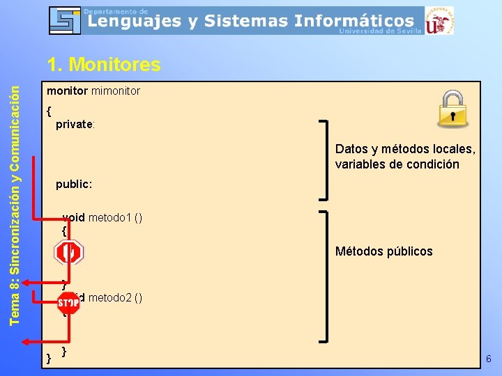 Tema 8: Sincronización y Comunicación 1. Monitores monitor mimonitor { private: Datos y métodos