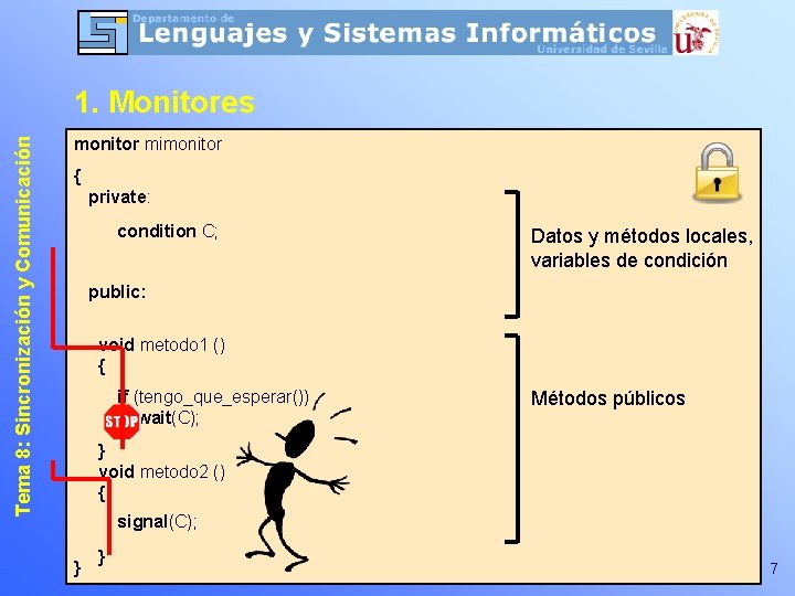 Tema 8: Sincronización y Comunicación 1. Monitores monitor mimonitor { private: condition C; Datos