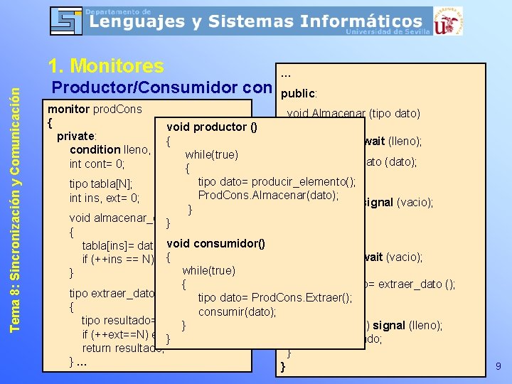 Tema 8: Sincronización y Comunicación 1. Monitores … Productor/Consumidor con monitores: public: monitor prod.