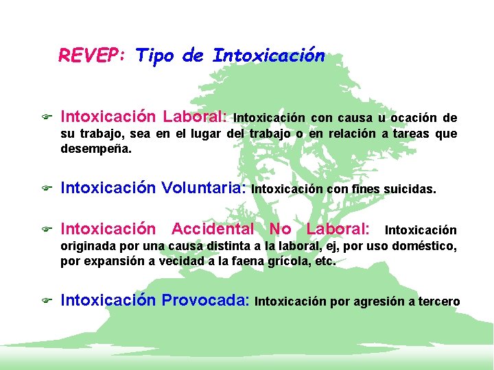 REVEP: Tipo de Intoxicación F Intoxicación Laboral: F Intoxicación Voluntaria: Intoxicación con fines suicidas.