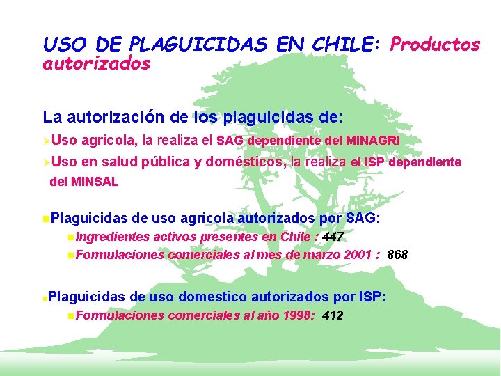 USO DE PLAGUICIDAS EN CHILE: Productos autorizados La autorización de los plaguicidas de: ØUso