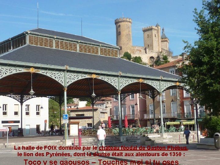 La halle de FOIX dominée par le château féodal de Gaston Phébus, le lion