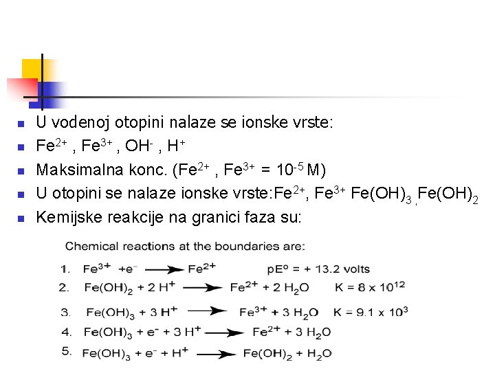 n n n U vodenoj otopini nalaze se ionske vrste: Fe 2+ , Fe