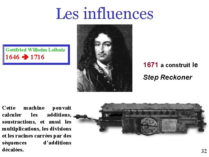 Les influences Gottfried Wilhelm Leibniz 1646 1716 1671 a construit le Step Reckoner Cette