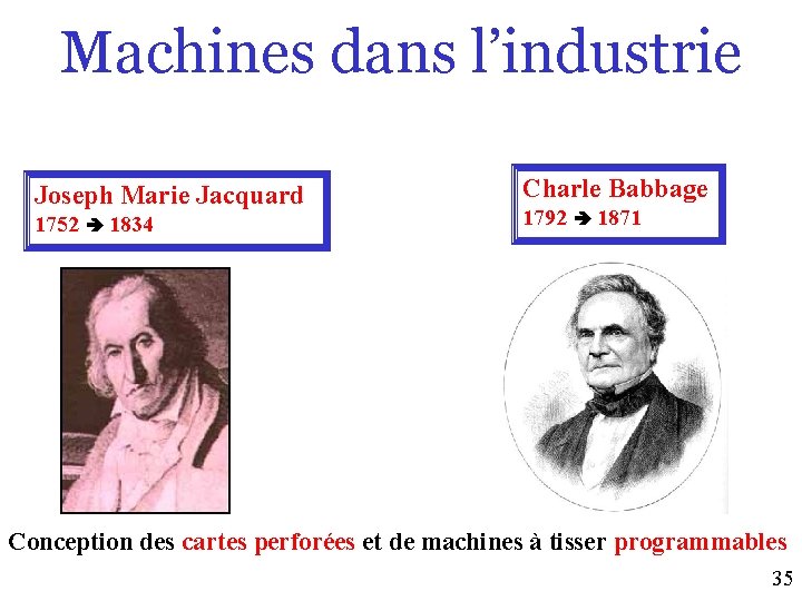 Machines dans l’industrie Joseph Marie Jacquard 1752 1834 Charle Babbage 1792 1871 Conception des